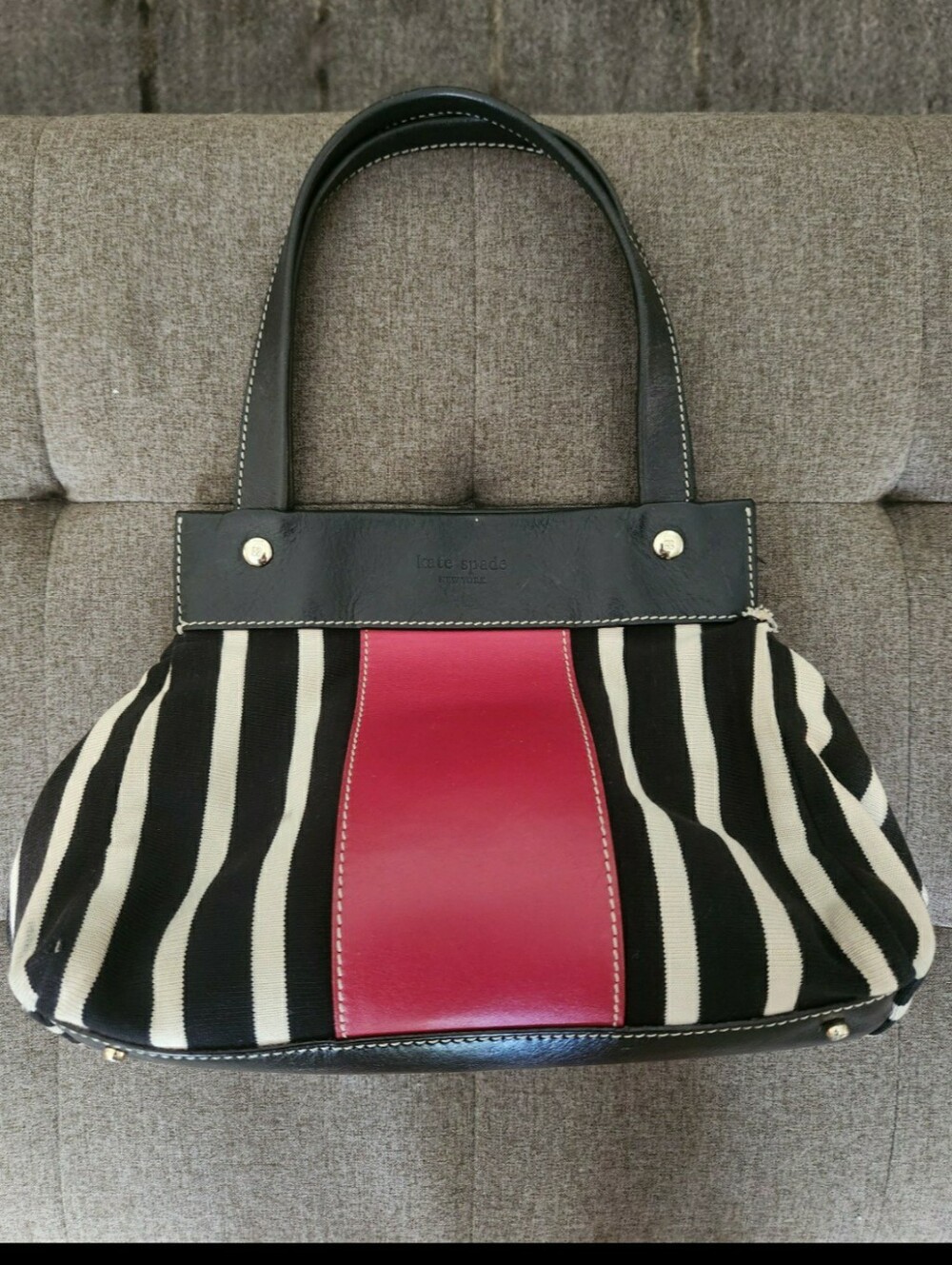 Kate Spade Vintage Black & White Striped Tote with Pink Center Panel - Picture 2 of 11